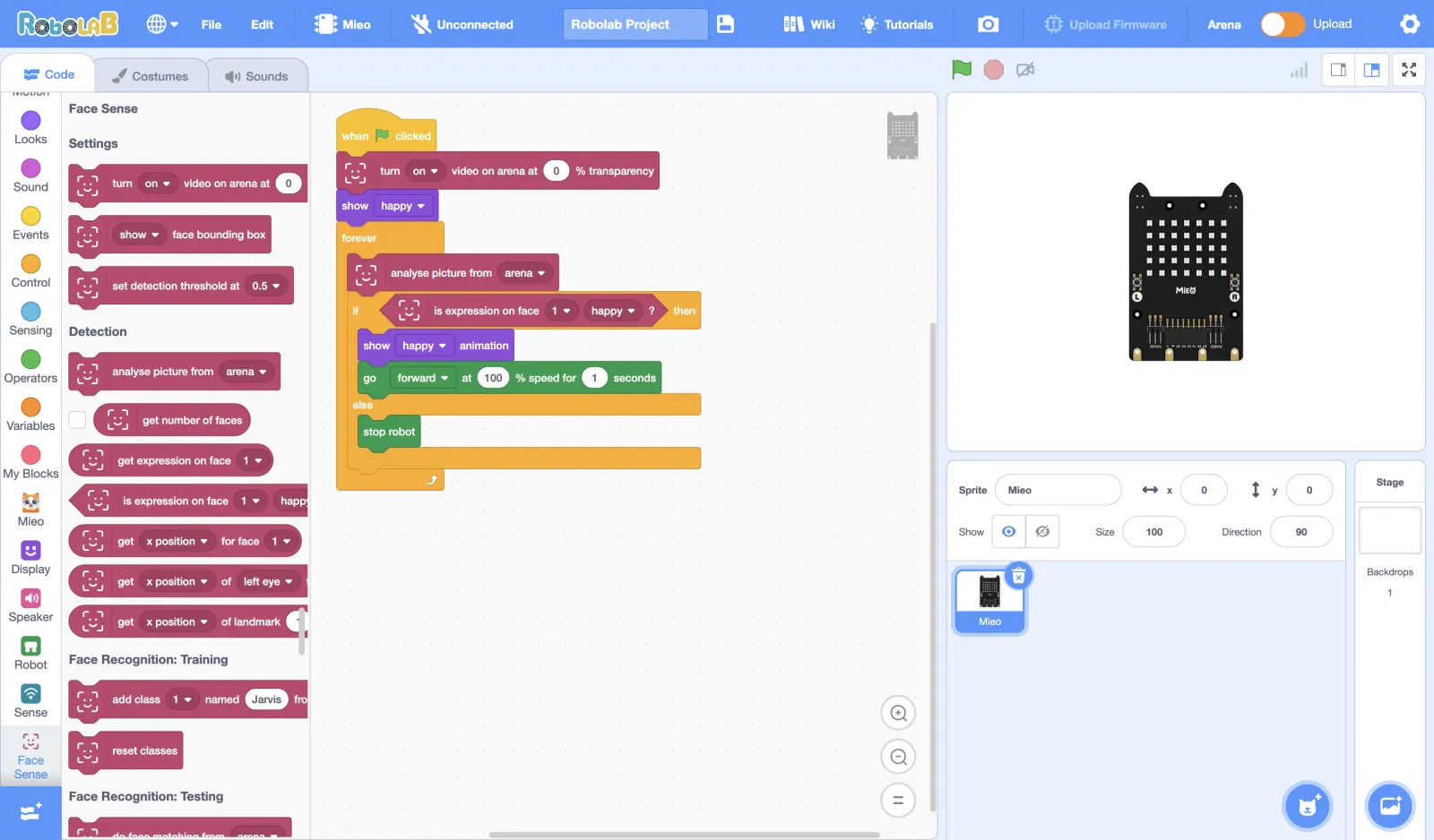 Face Sense program that reads the expression on a face from the camera and makes MIEO react