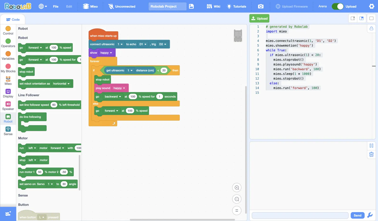 Upload mode: the blocks are turned into MicroPython for MIEO, shown live beside the program