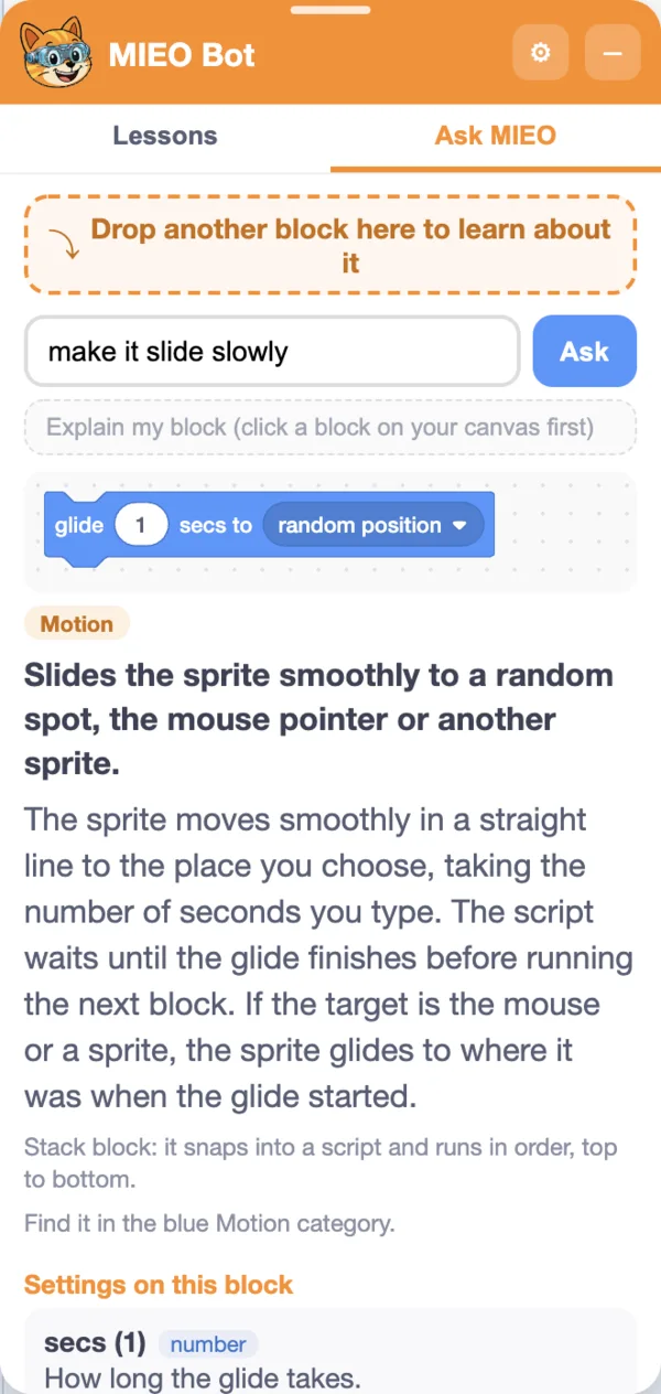 Ask MIEO answering “make it slide slowly” with the guide to the glide block: what it does, where to find it and its settings