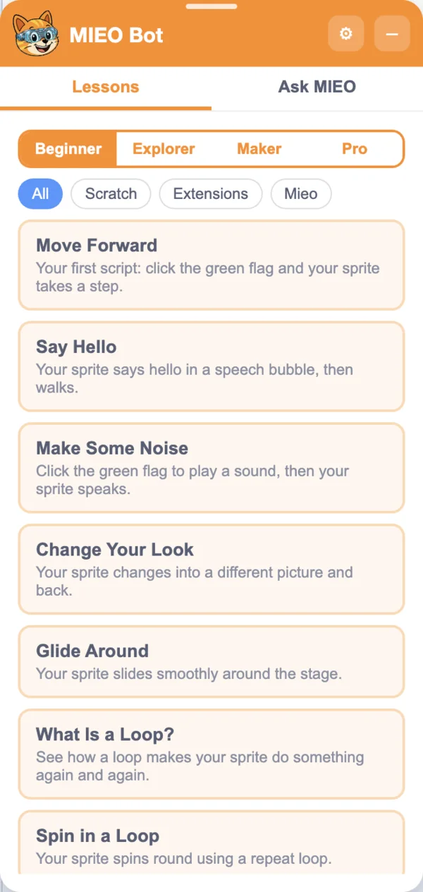 MIEO Bot's lesson list with Beginner, Explorer, Maker and Pro levels and Scratch, Extensions and Mieo filters