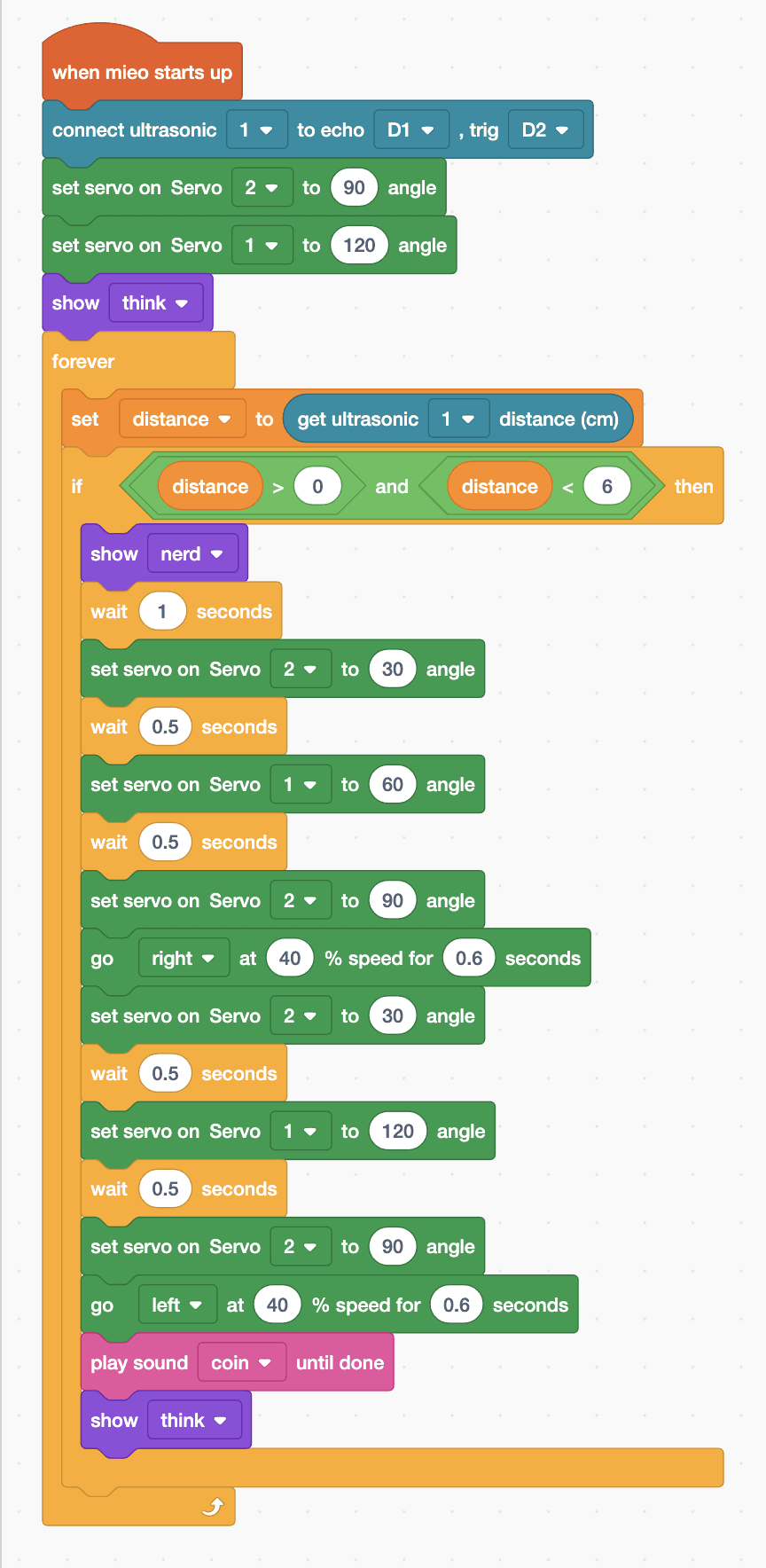 The Robolab blocks for the Mieo sprite, as listed below