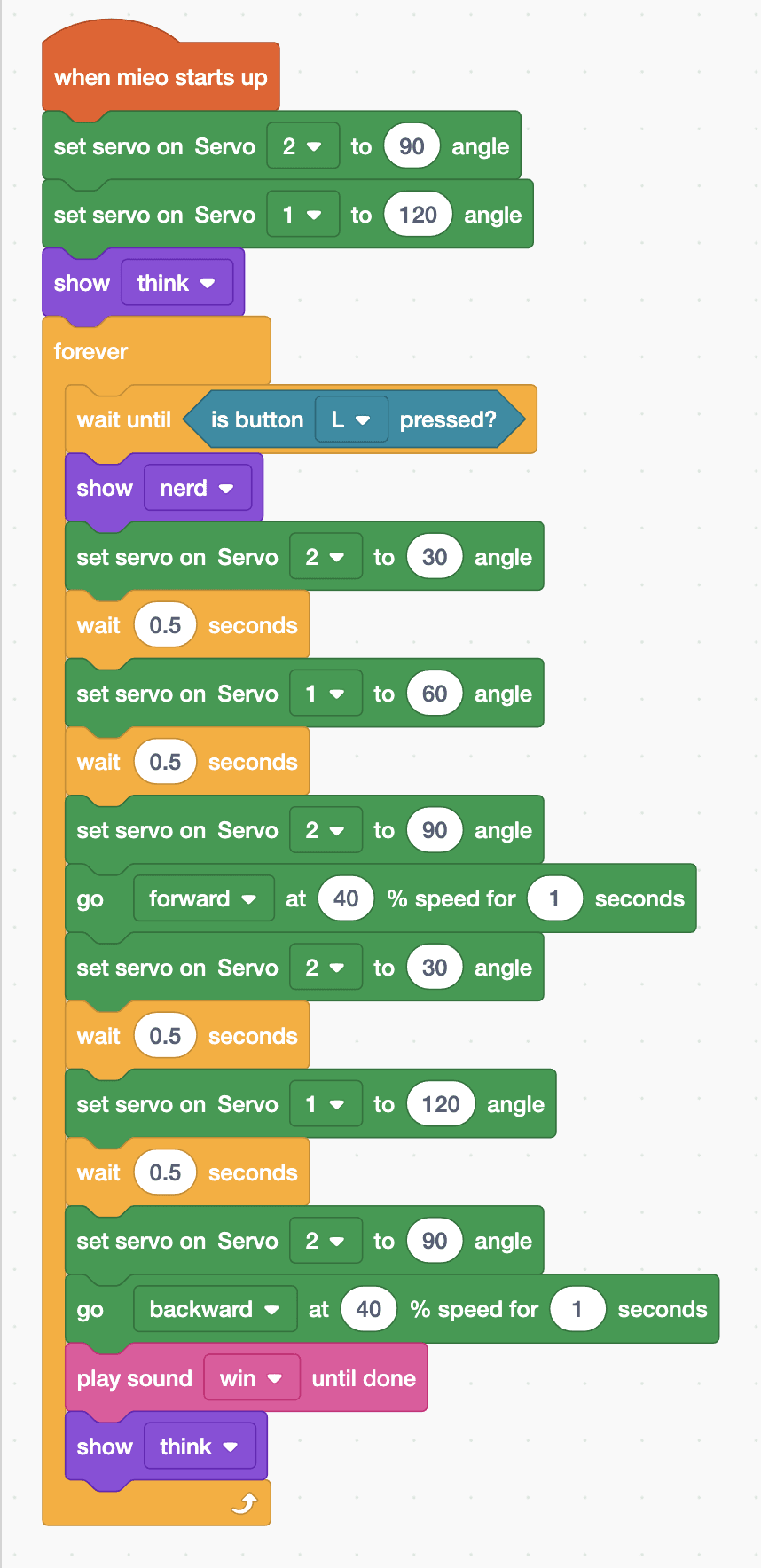 The Robolab blocks for the Mieo sprite, as listed below
