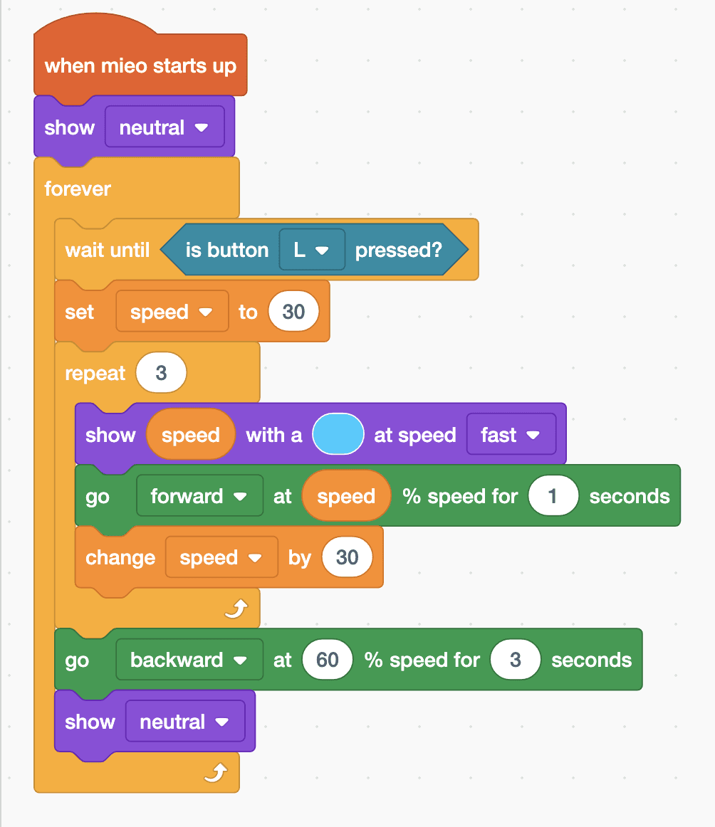 The Robolab blocks for the Mieo sprite, as listed below