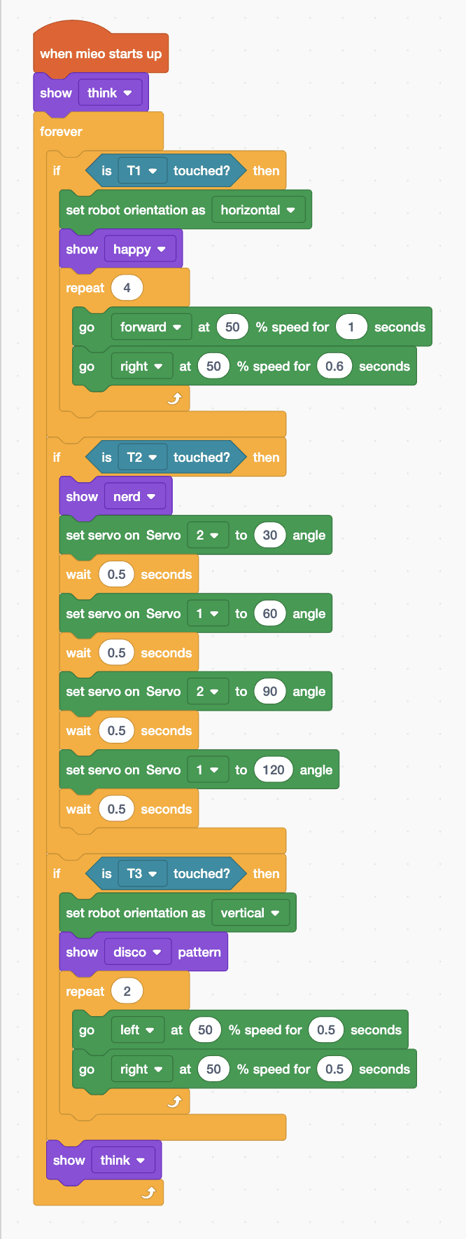 The Robolab blocks for the Mieo sprite, as listed below