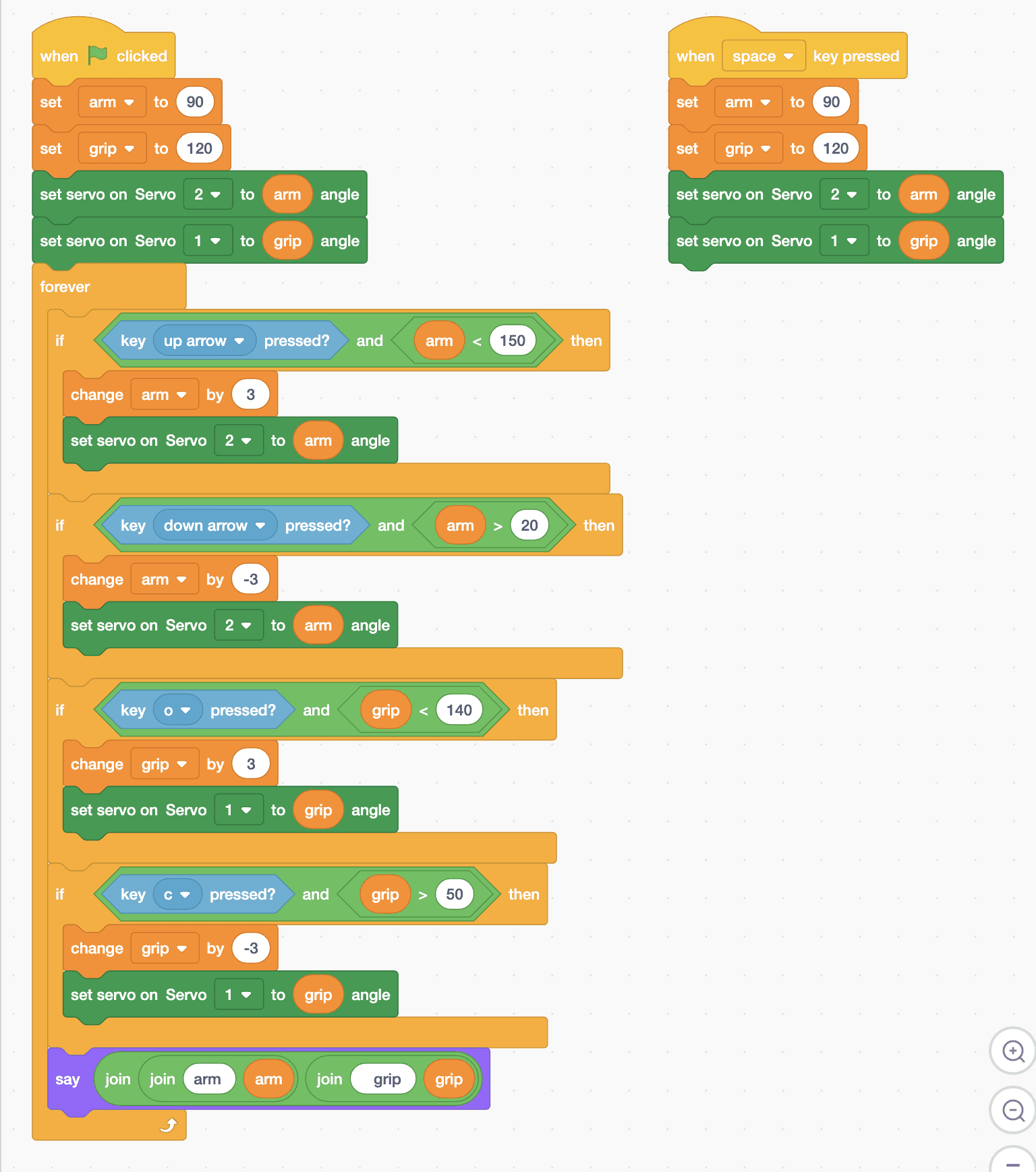 The Robolab blocks for the Mieo sprite, as listed below