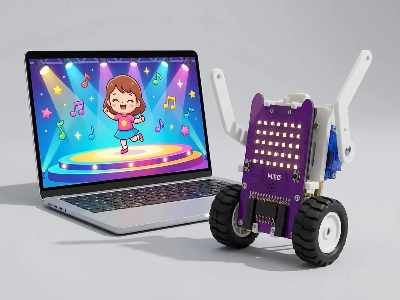 MIEO with both arms raised beside a laptop showing a cartoon girl dancing on stage