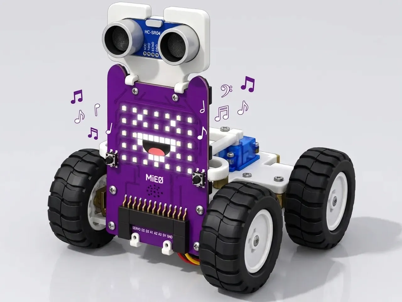 Four-wheel MIEO singing with an open-mouthed LED face and musical notes