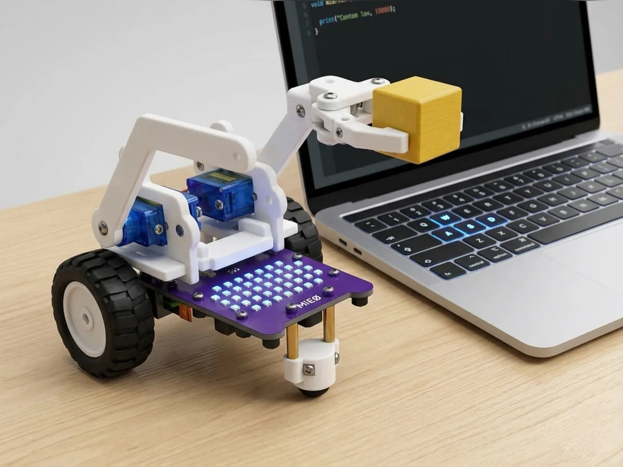 MIEO with a two-servo arm and gripper, controlled from a laptop keyboard