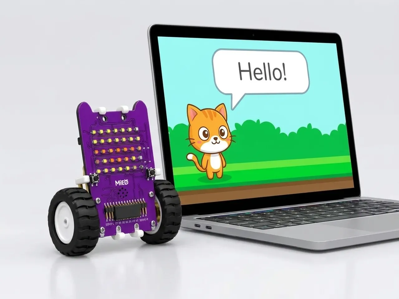 MIEO beside a laptop showing a cartoon cat sprite saying Hello