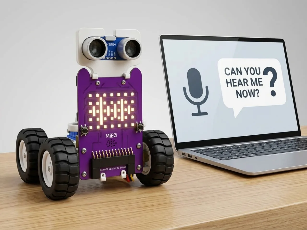 Four-wheel MIEO showing a sound wave on its LED face beside a laptop asking it a question