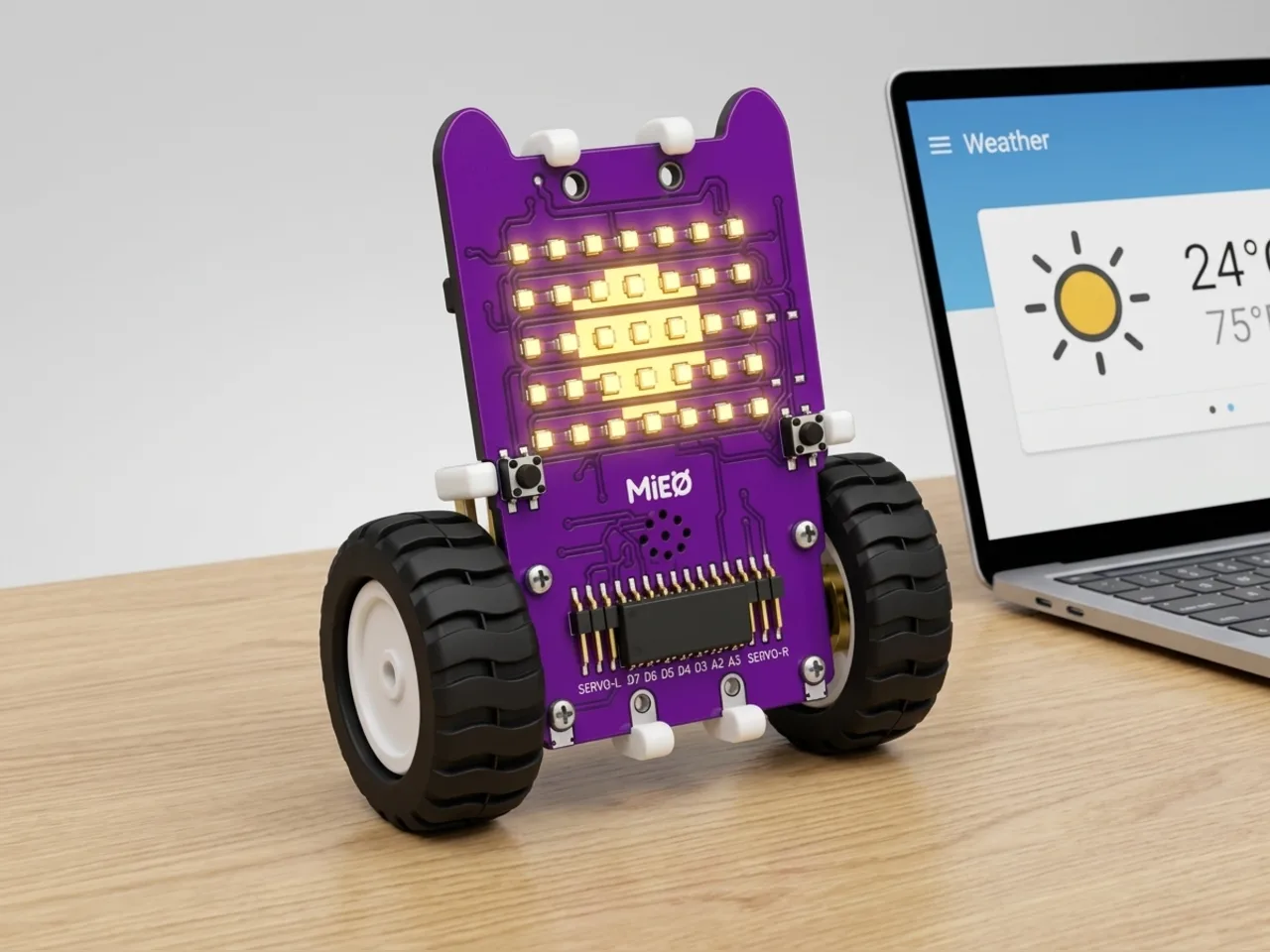 MIEO showing a sun on its display beside a laptop weather forecast
