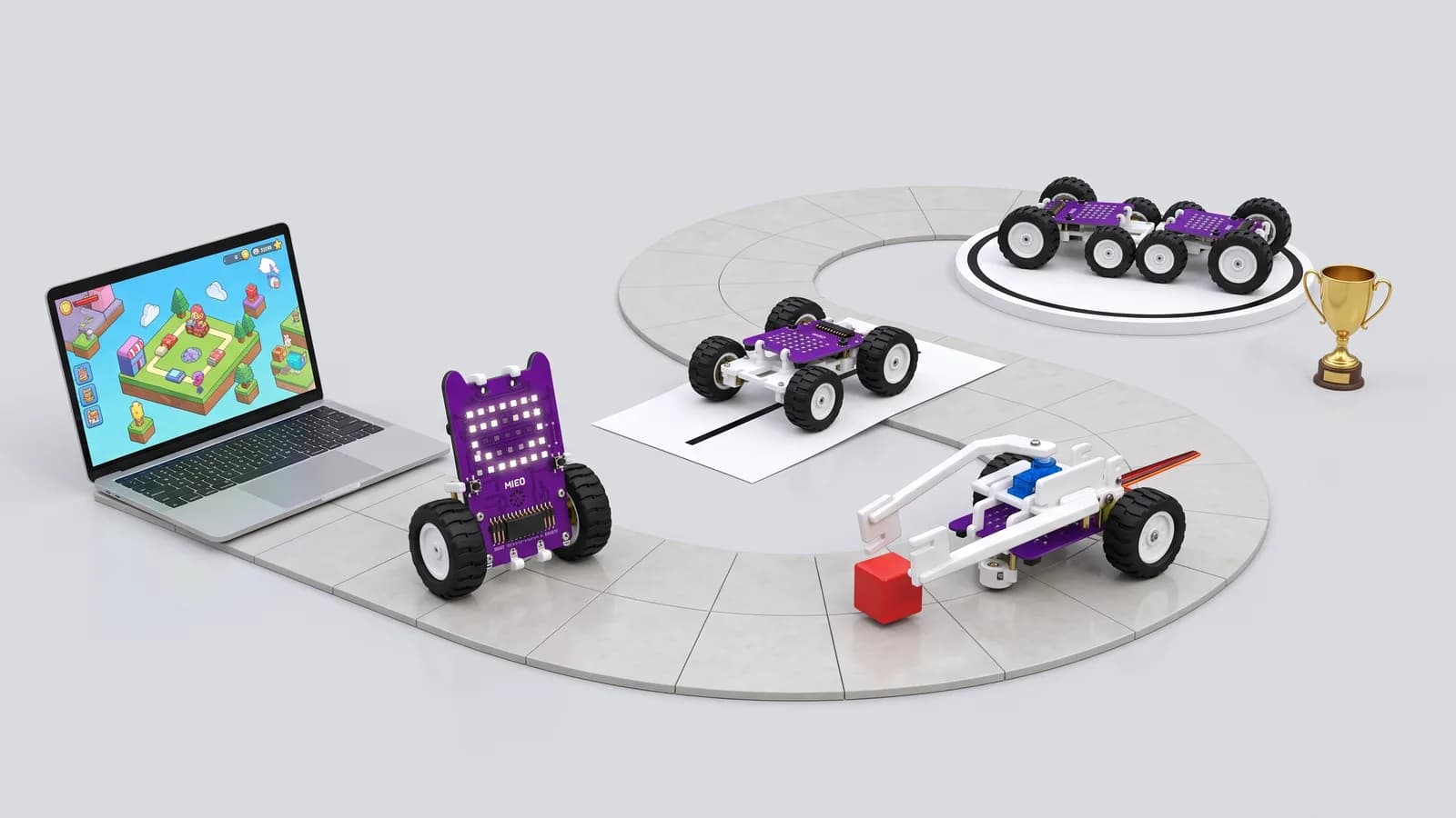 MIEO robots along a winding path: from a laptop game, to an LED face, a line follower, a gripper arm and a sumo ring