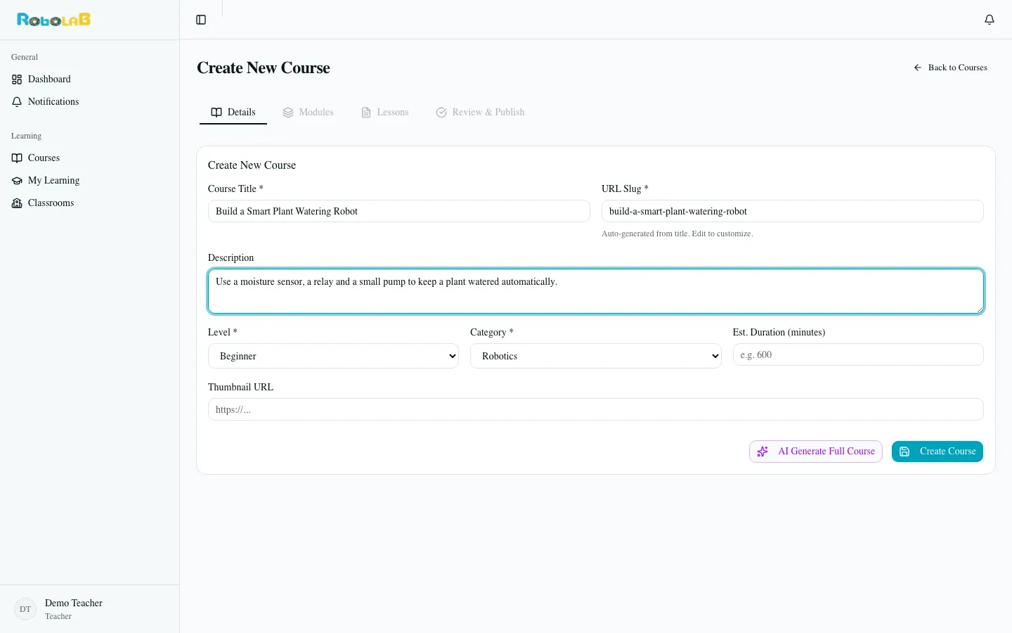 Create New Course form: enter a title, level and category, then generate the full course with AI