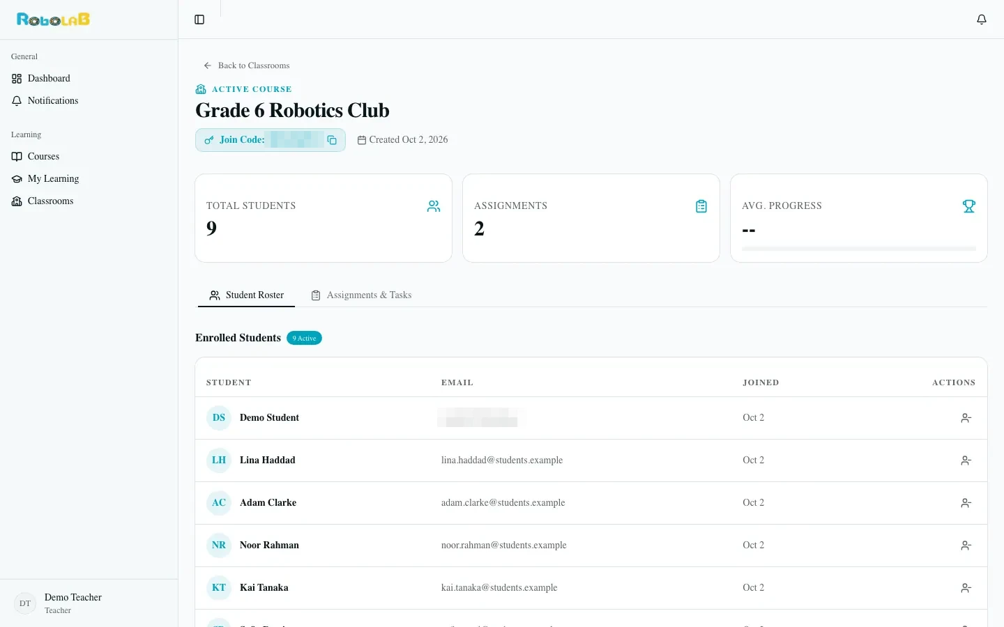 Teacher's classroom view with join code, enrolled students and assignments