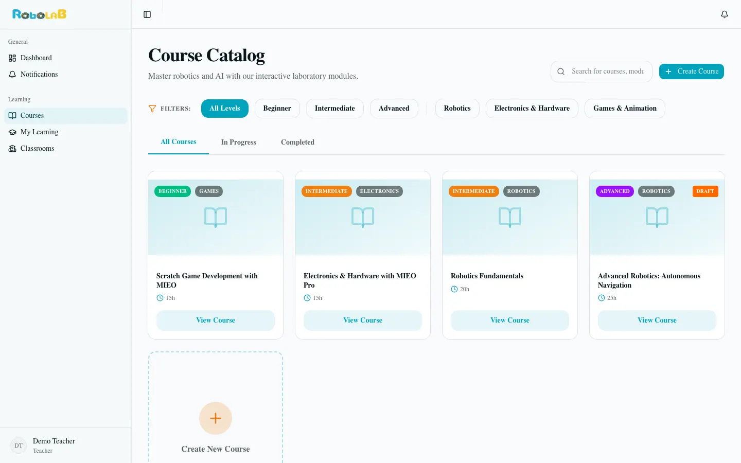 Course catalog filtered by level and topic: robotics, electronics and game development courses