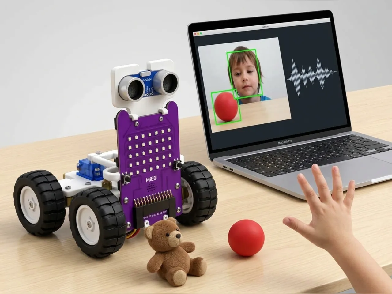 Four-wheel MIEO reacting to faces, objects and voices through a laptop webcam and microphone
