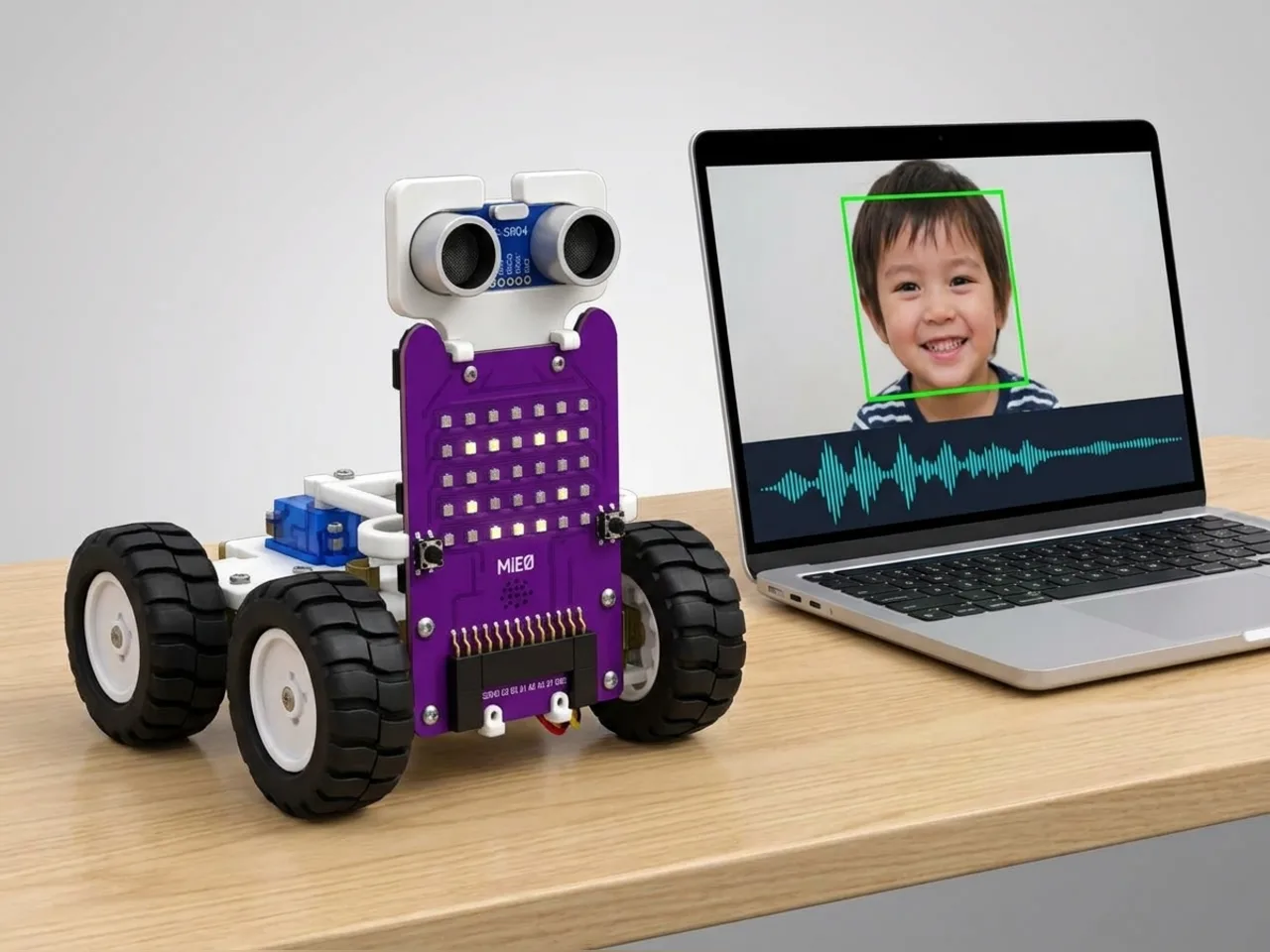 MIEO greeting a child it can see through a webcam and hear through a microphone
