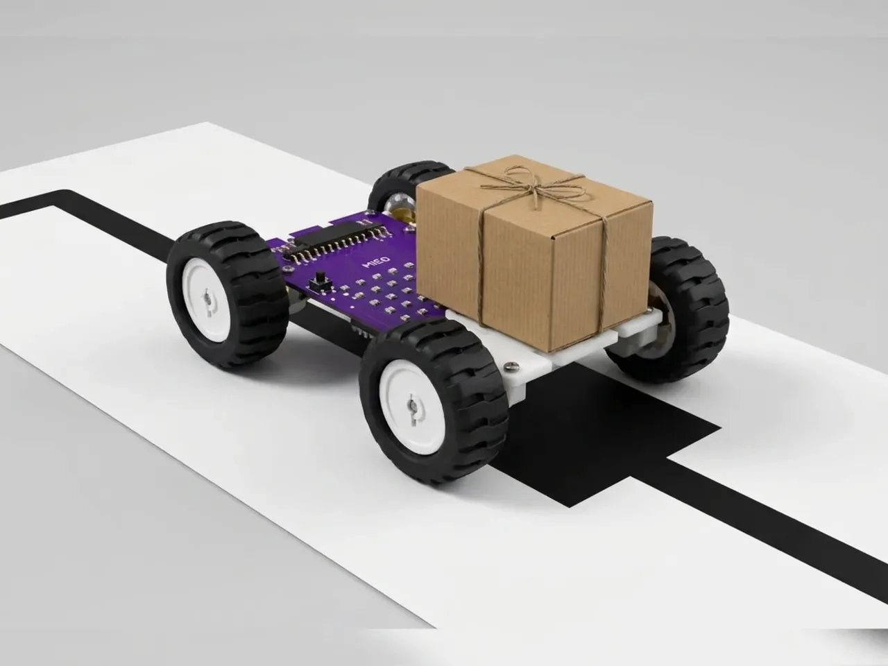 MIEO carrying a parcel along a black line and stopping at a drop-off mark