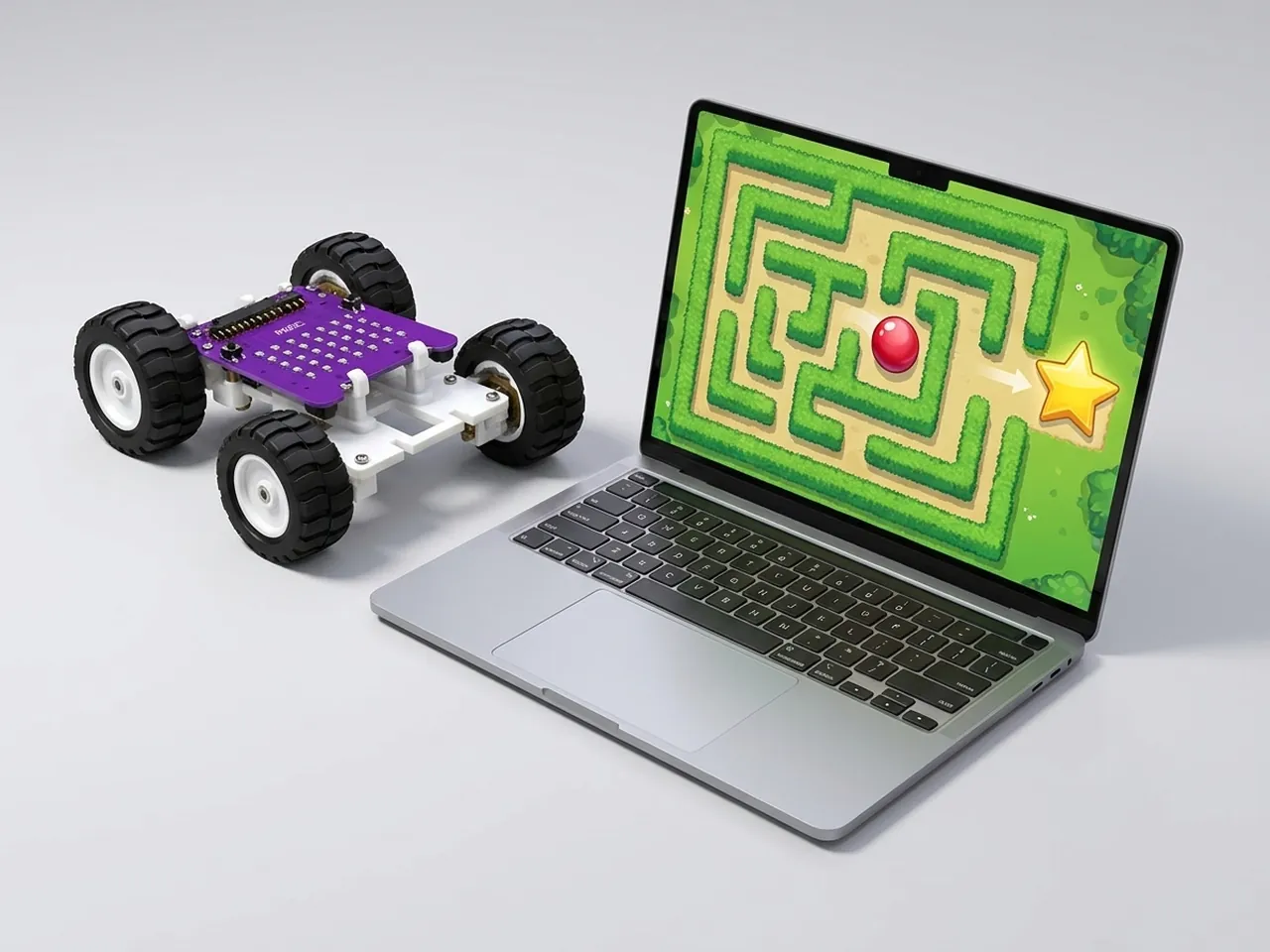 Four-wheel MIEO rover beside a laptop running a top-down ball maze game
