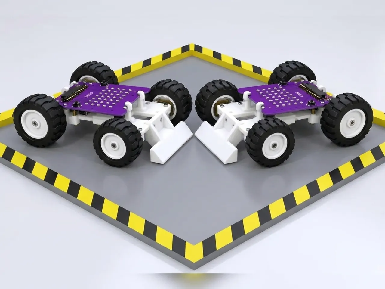 Two MIEO rovers with white wedge bumpers facing off in a hazard-striped arena
