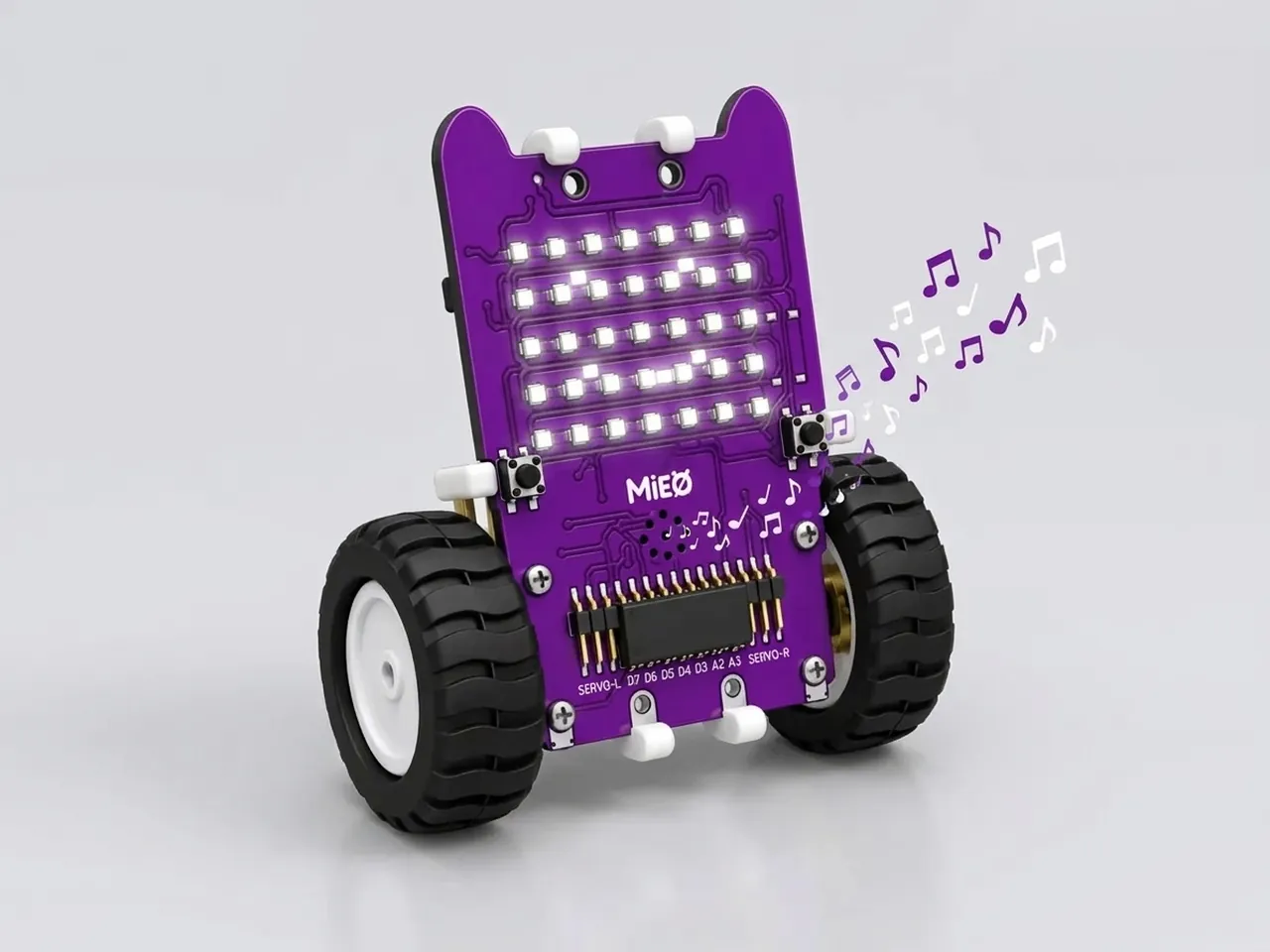 Upright MIEO with a smiling LED face playing musical notes from its buzzer