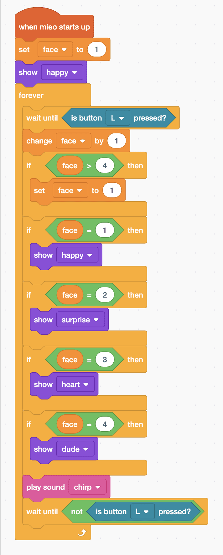 The Robolab blocks for the Mieo sprite, as listed below