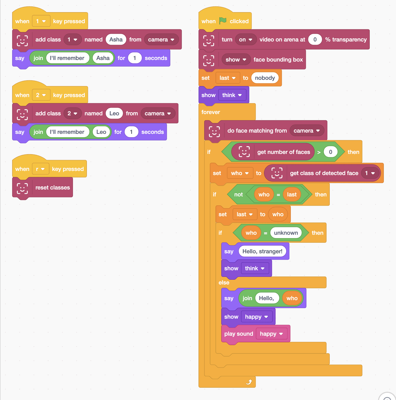 The Robolab blocks for the Mieo sprite, as listed below