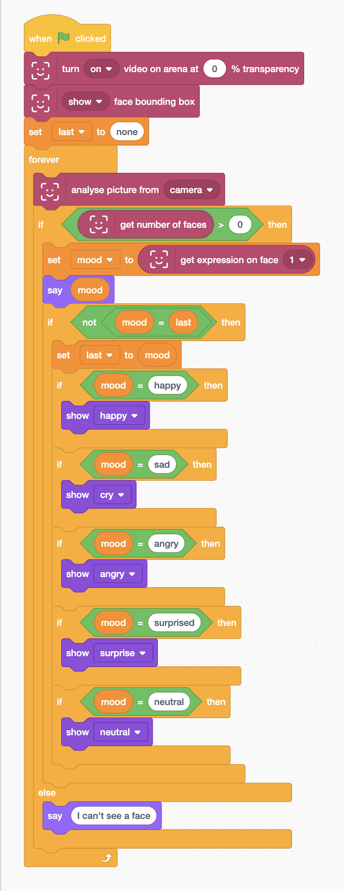The Robolab blocks for the Mieo sprite, as listed below