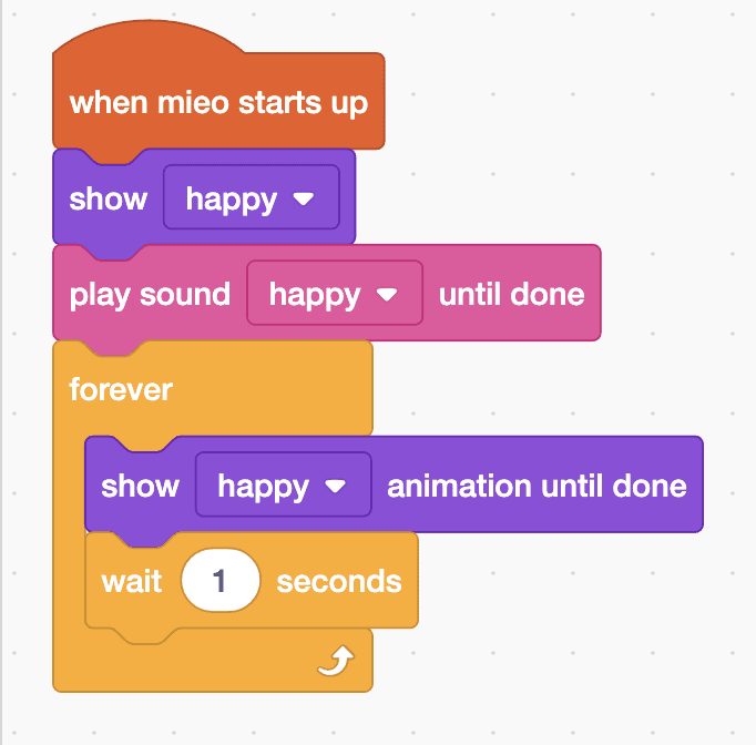 The Robolab blocks for the Mieo sprite, as listed below
