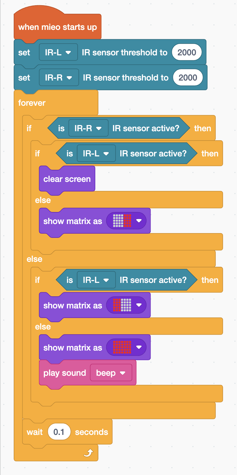 The Robolab blocks for the Mieo sprite, as listed below