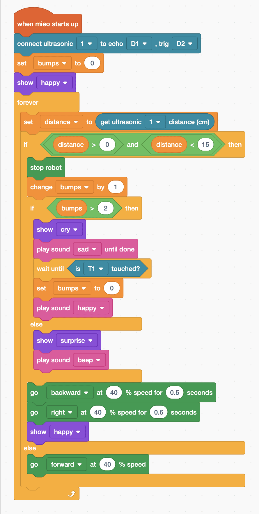 The Robolab blocks for the Mieo sprite, as listed below