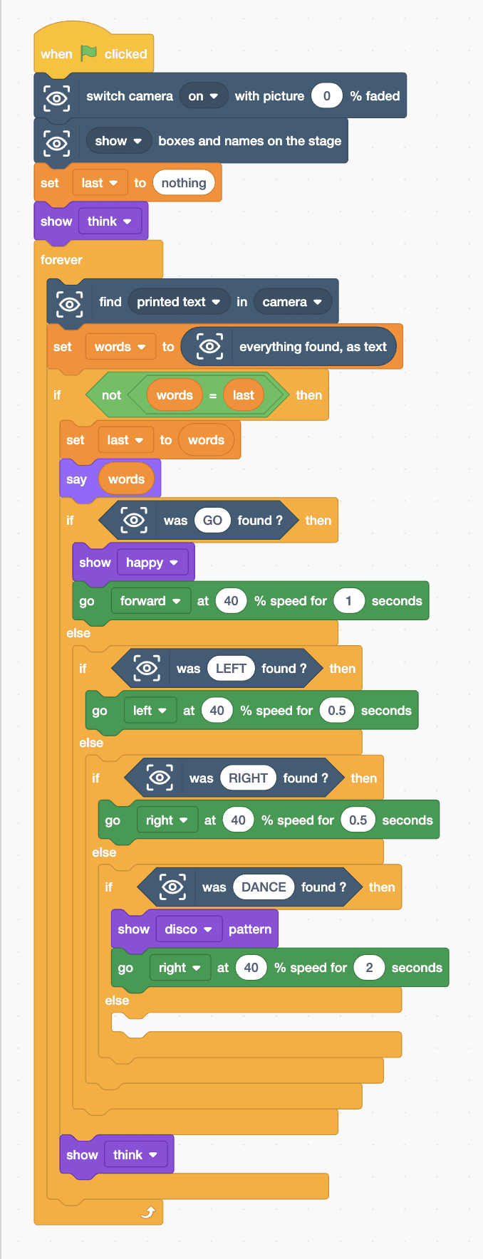 The Robolab blocks for the Mieo sprite, as listed below