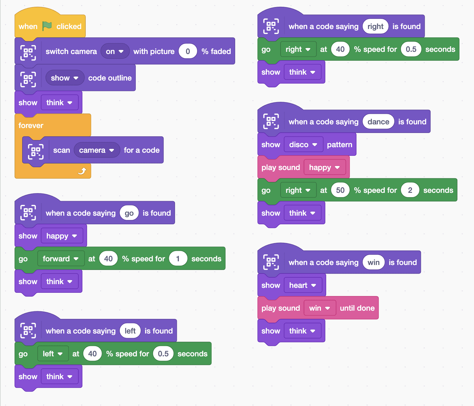 The Robolab blocks for the Mieo sprite, as listed below