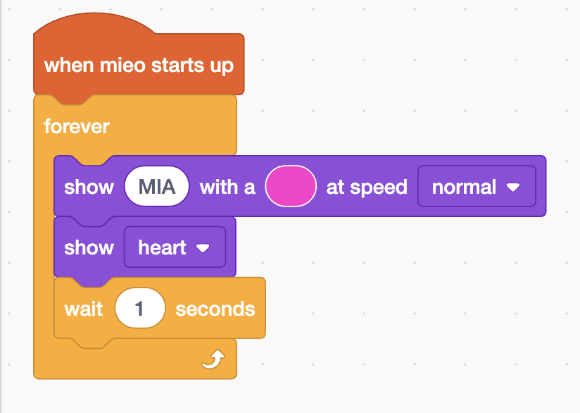 The Robolab blocks for the Mieo sprite, as listed below