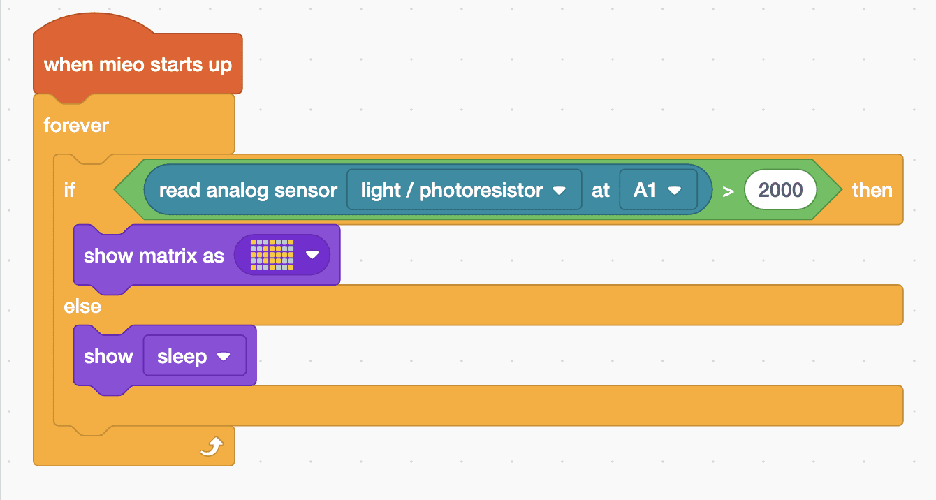 The Robolab blocks for the Mieo sprite, as listed below