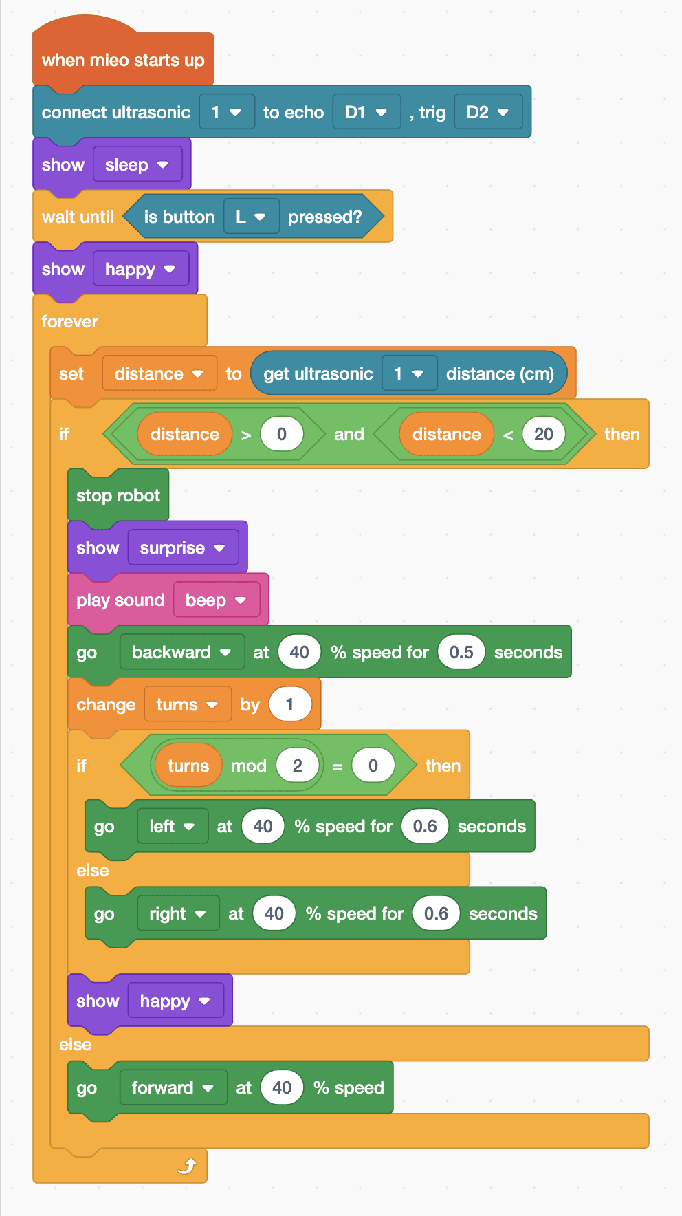 The Robolab blocks for the Mieo sprite, as listed below