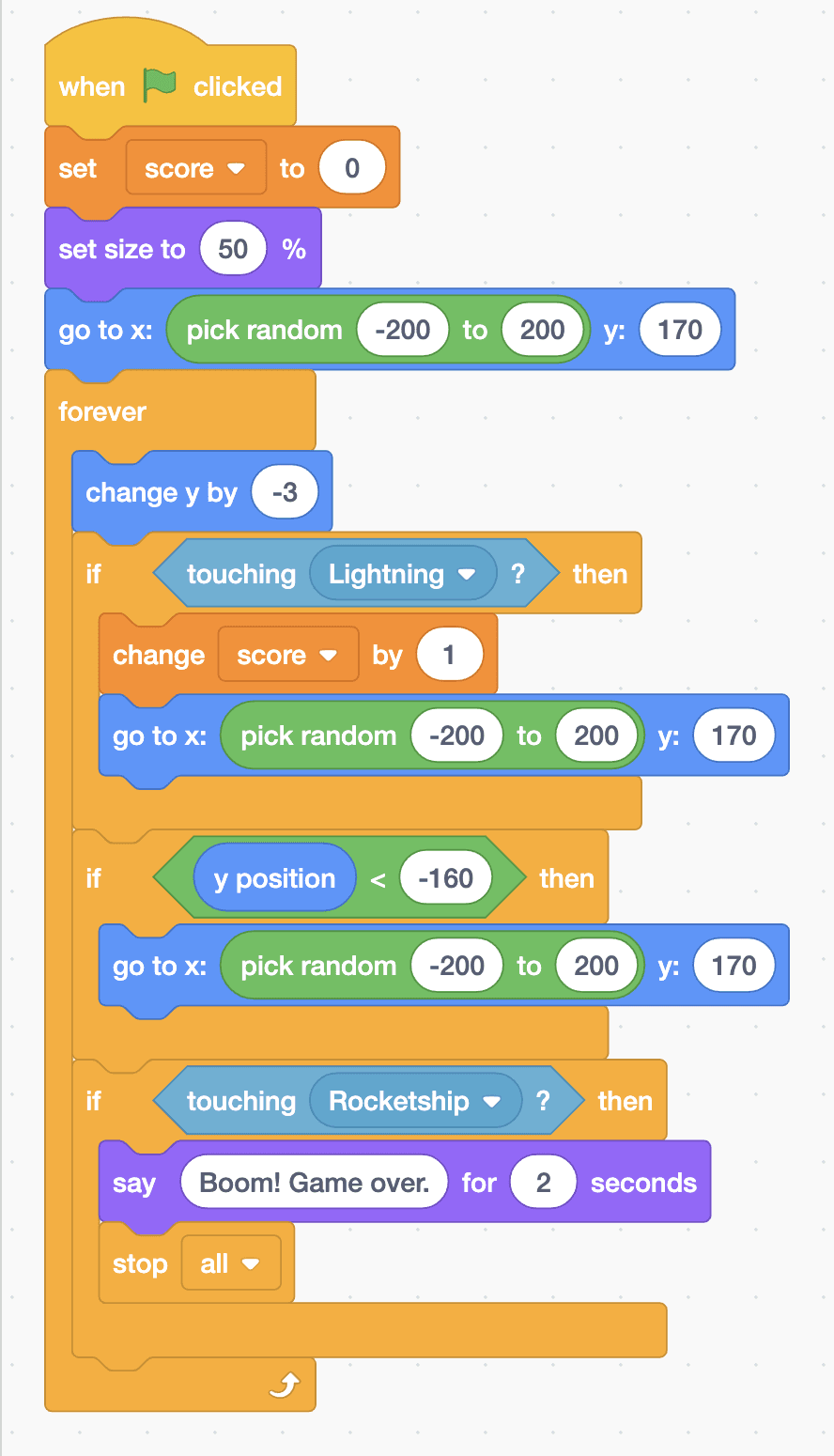 The Robolab blocks for the Rocks sprite, as listed below
