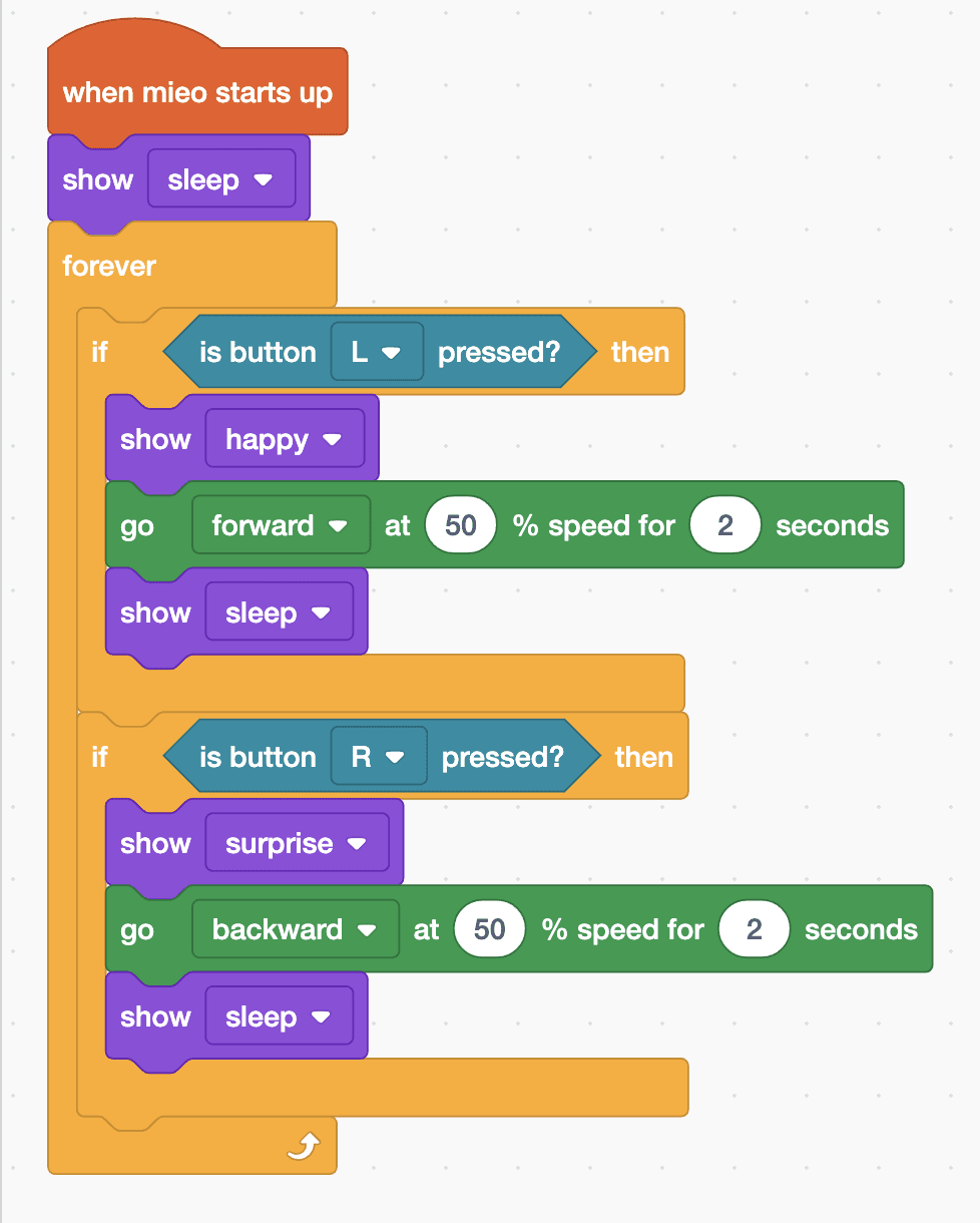 The Robolab blocks for the Mieo sprite, as listed below
