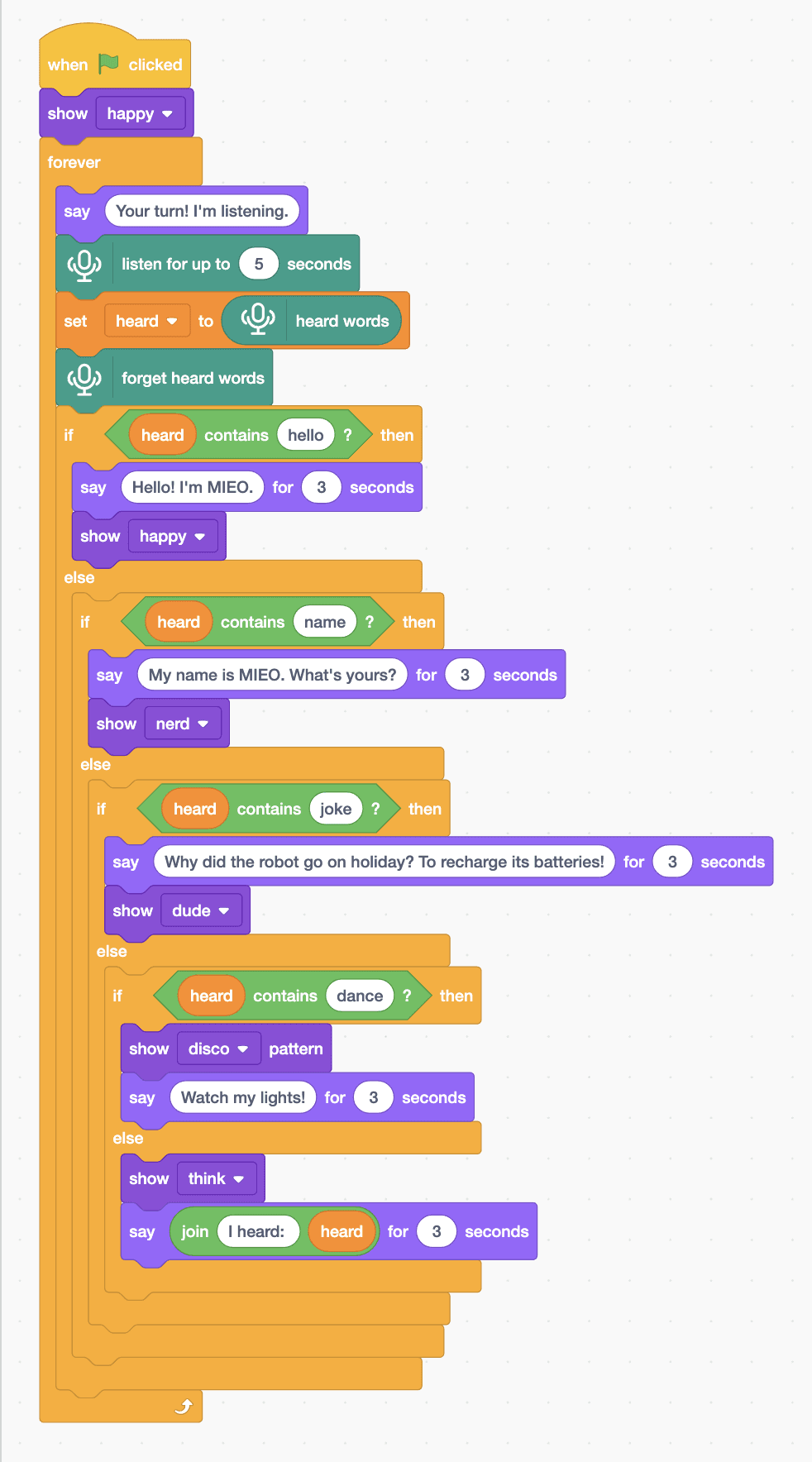 The Robolab blocks for the Mieo sprite, as listed below