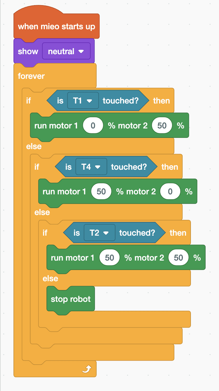 The Robolab blocks for the Mieo sprite, as listed below