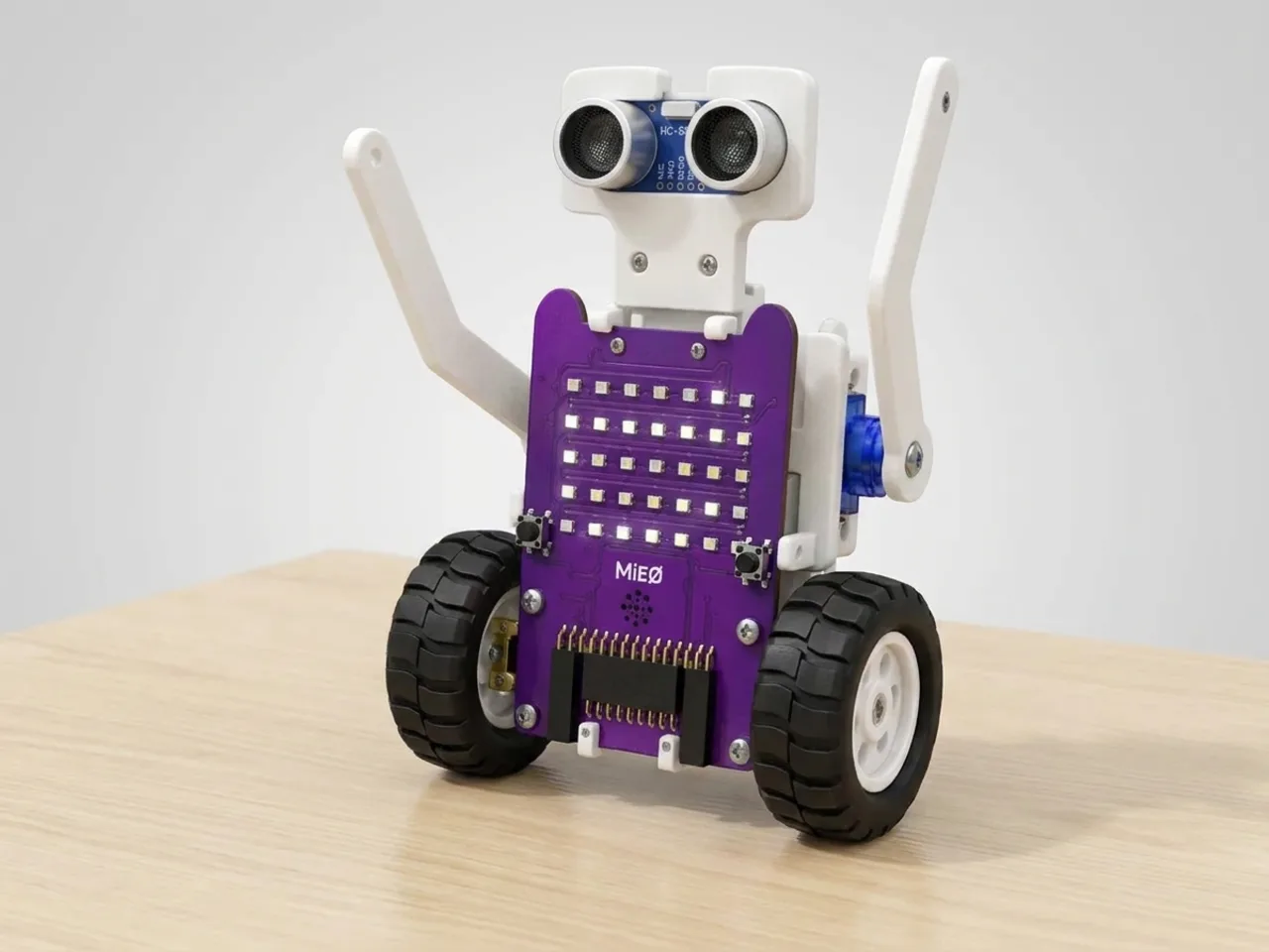 Upright MIEO companion robot with ultrasonic-sensor eyes and two arms