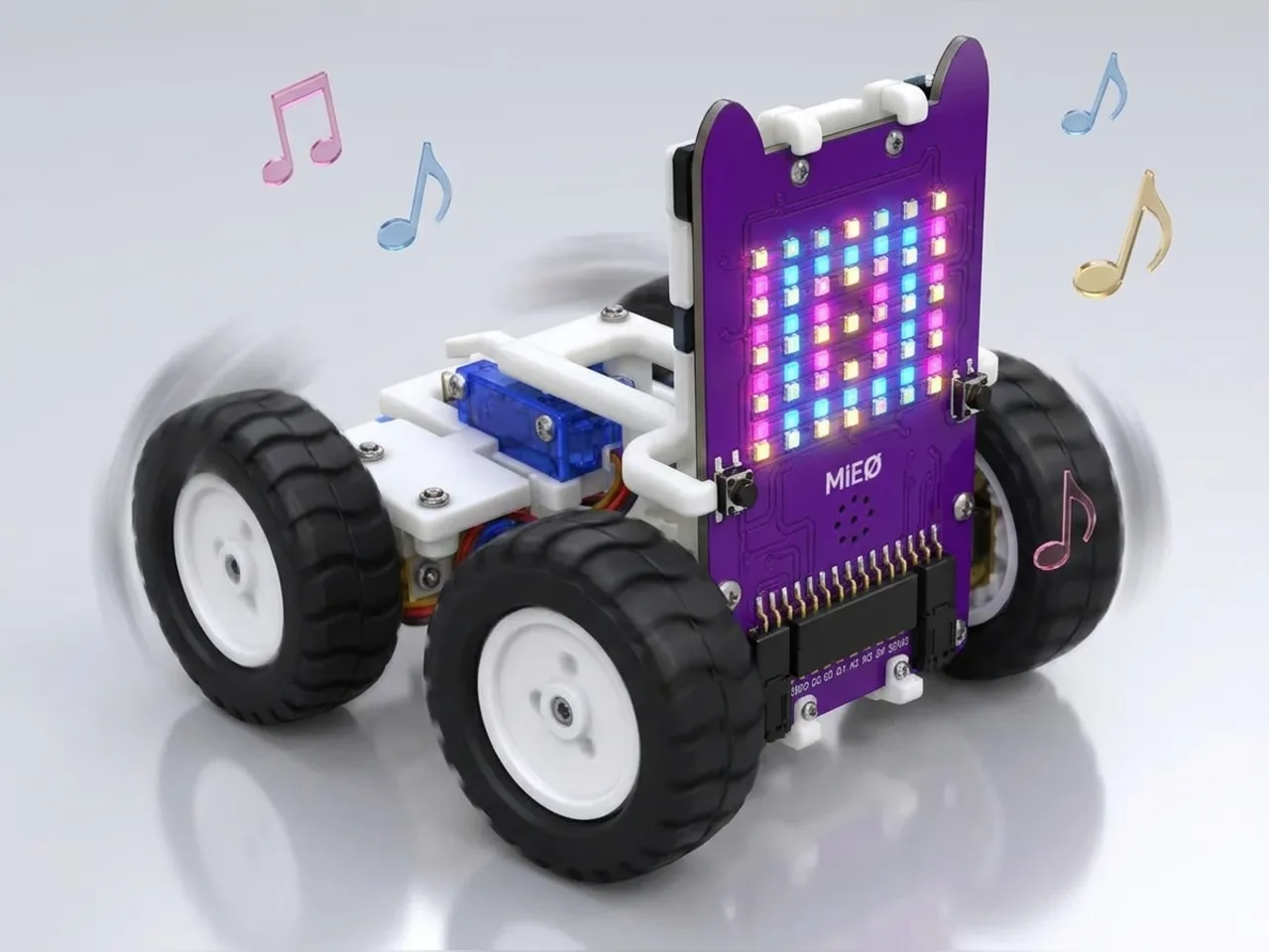 Four-wheel MIEO dancing with a disco pattern on its LED display