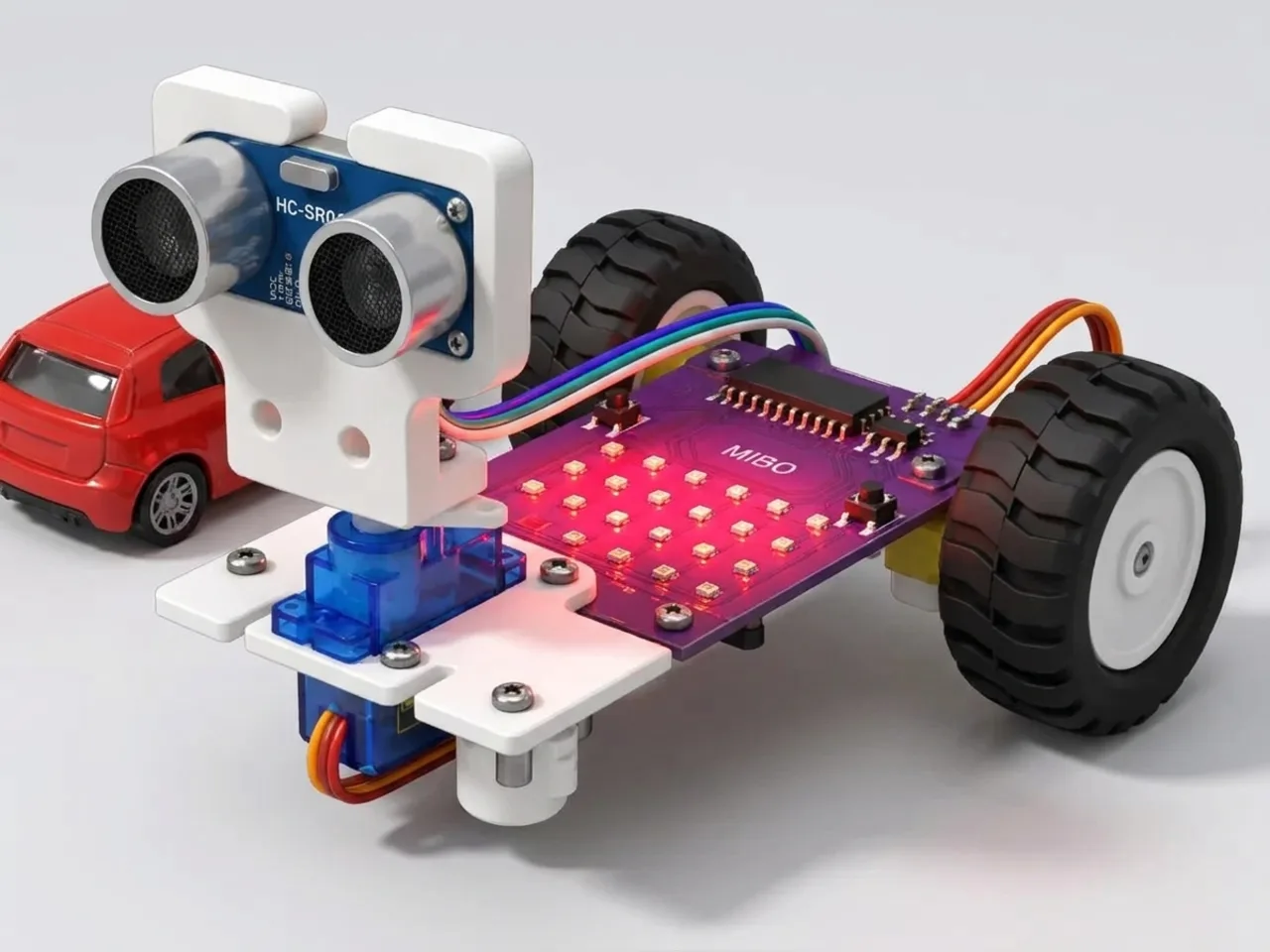 MIEO with an ultrasonic sensor showing red on its display as a toy car comes close