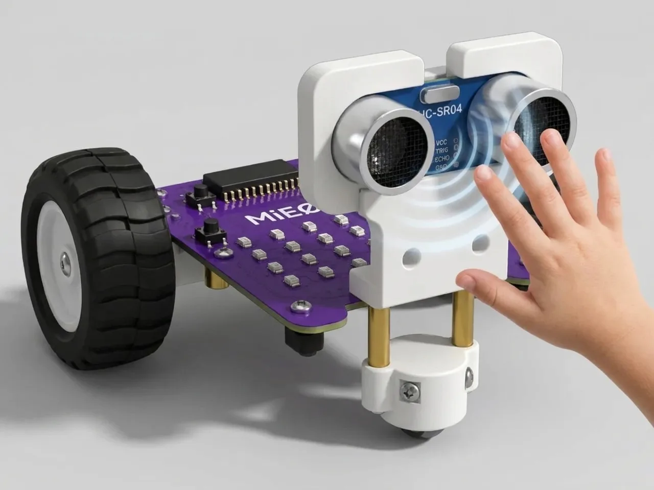 MIEO with an ultrasonic sensor and a hand coming closer, sound waves between them