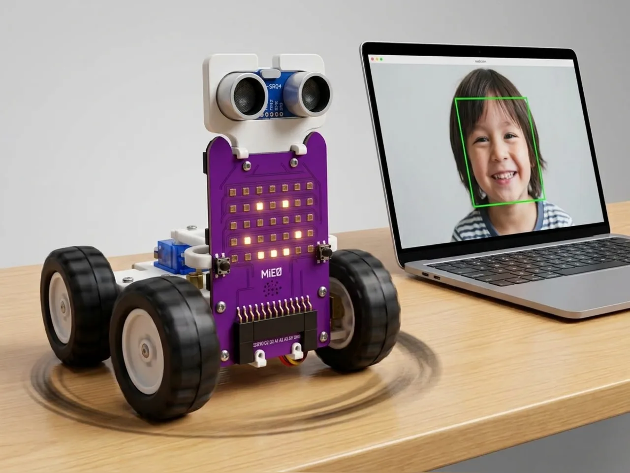 MIEO showing a happy face and spinning as a laptop camera sees a child smiling