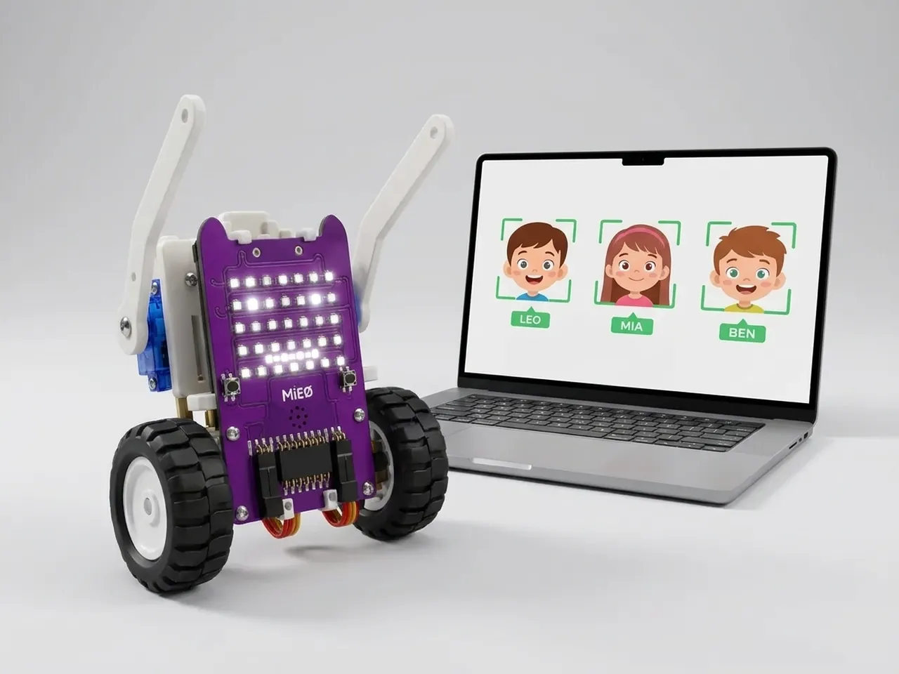 MIEO waving beside a laptop that recognises three friends' faces by name