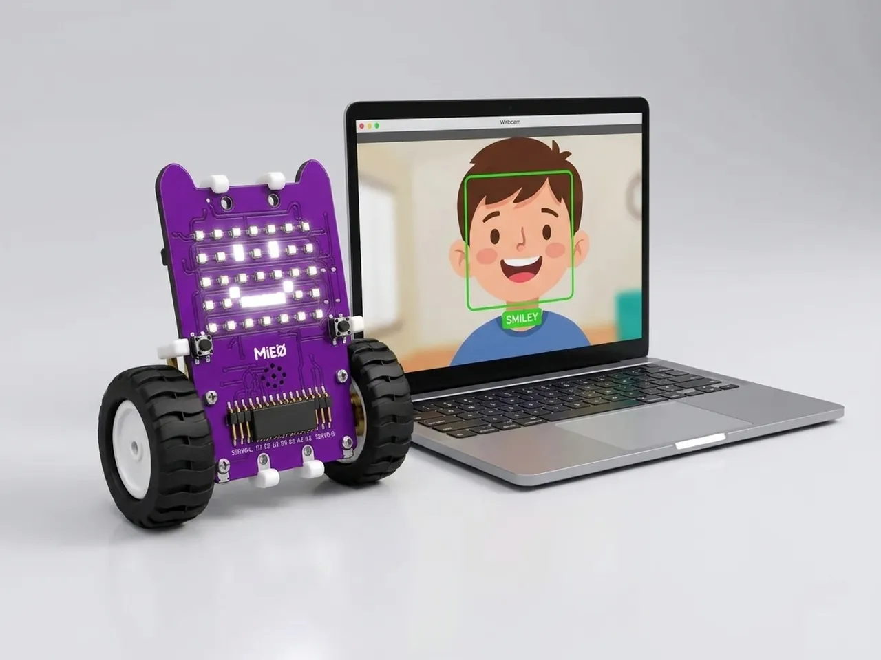 MIEO smiling on its LED matrix beside a laptop tracking a smiling face