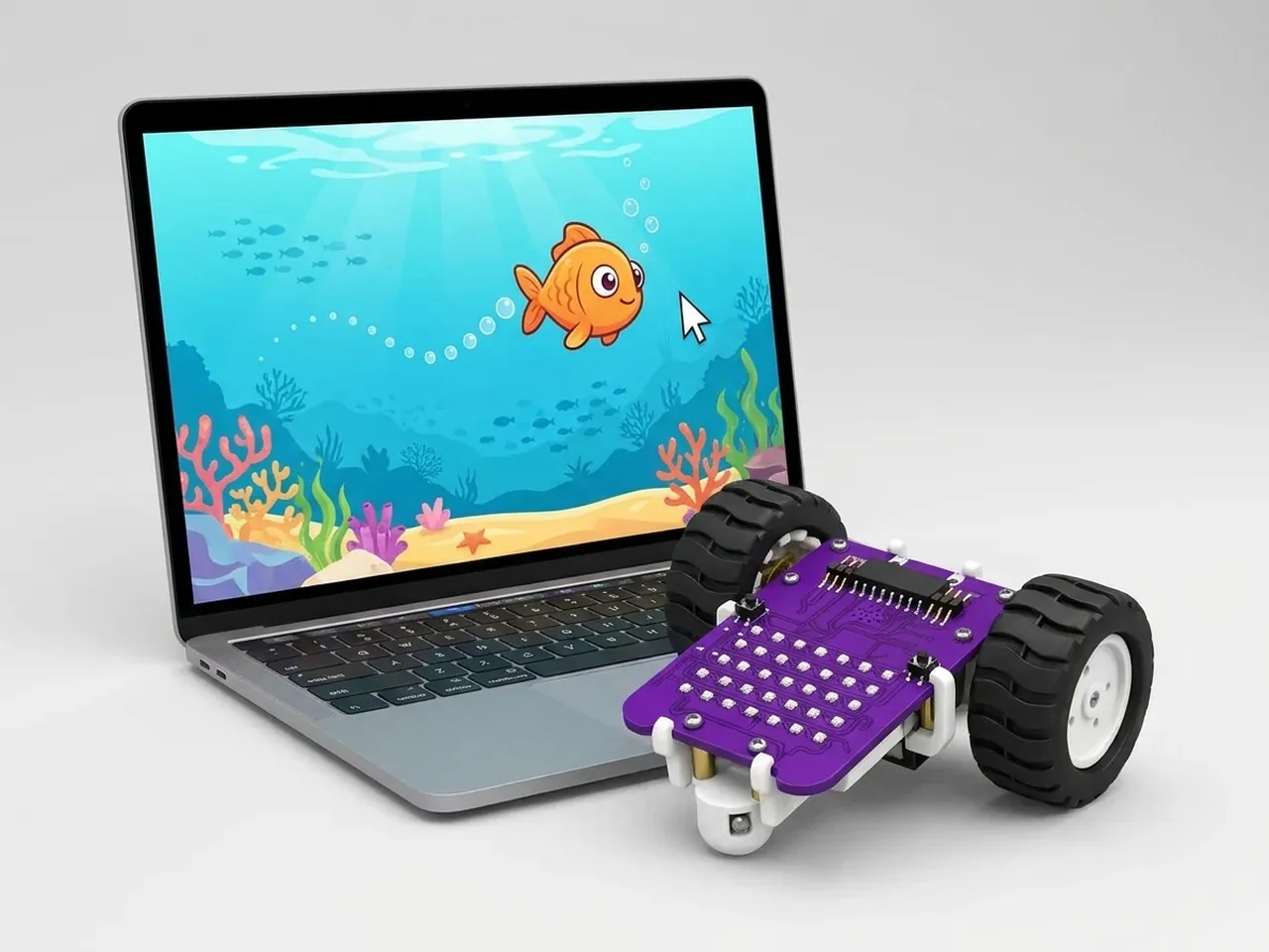 Two-wheel MIEO beside a laptop where a cartoon fish chases the mouse pointer