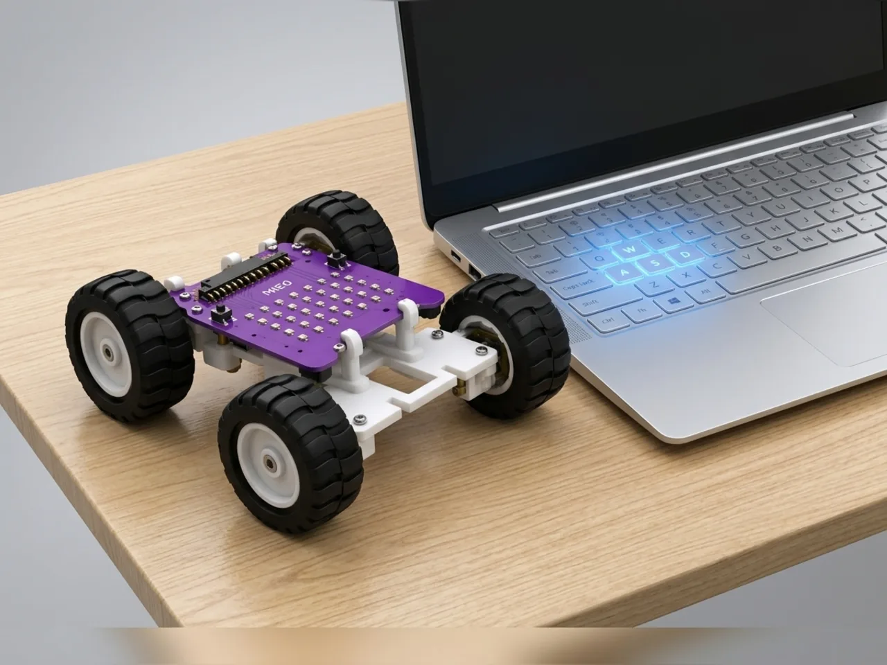 Four-wheel MIEO rover beside a laptop with the W, A, S and D keys lit up
