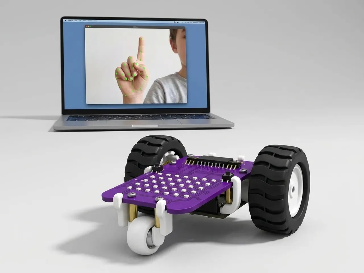 Two-wheel MIEO driving forward while a laptop webcam tracks a raised finger